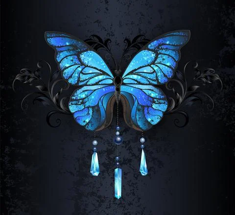 Blue Morpho butterfly on black background Stock Illustration