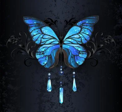 Blue Morpho butterfly on black background Stock Illustration