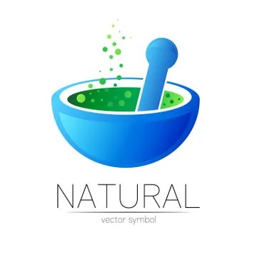 Blue mortar and pestle vector symbol. Logo of nature herb illustration. Concept Stock Illustration