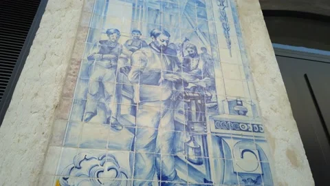 Blue Mosaic Tile Artwork On Side Of Building In Lisbon. Low Angle Tilt Up Vídeos de archivo 170356959