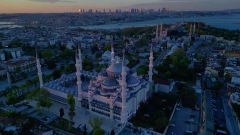 Blue Mosque from above at sunset cityscape Istanbul. Nice aerial view drone Stock Footage 344613722