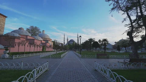 Blue Mosque and Square without people in Istanbul. 4K Footage in Turkey Stock Footage 136992591