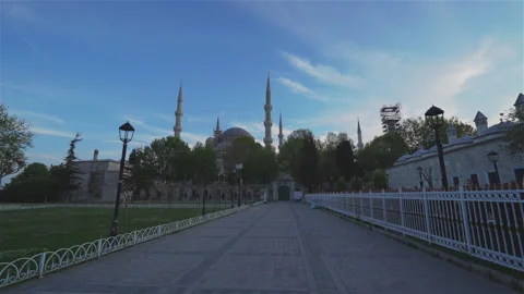 Blue Mosque and Sultanahmet Square without people. 4K Footage in Turkey Stock Footage 136989504