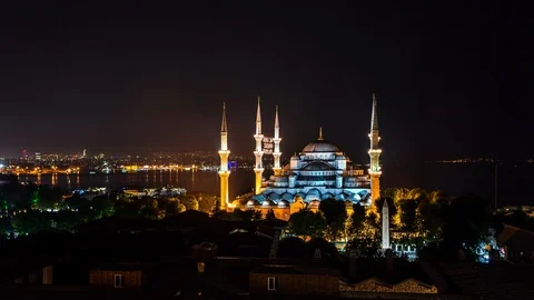 The Blue Mosque during Ramadan in front of the sea of Marmara Stock Footage 116913542