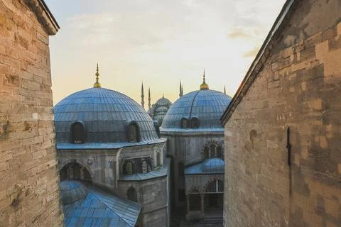Blue Mosque as seen from Hagia Sofia at sunset, Istanbul, Turkey Stock Photos