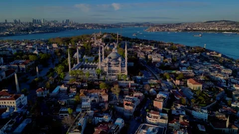 Blue Mosque showcasing Istanbul skyline Bosphorus strait Magic aerial view drone Stock-Footage 344620085