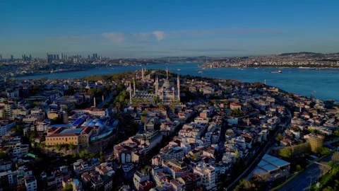 Blue Mosque showcasing Istanbul skyline Bosphorus strait. Nice aerial view drone Stock Footage 344628121