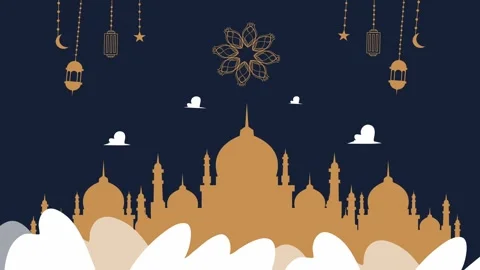 Blue mosque silhouette with clouds lanterns and islamic ornaments Stock Footage 318121093