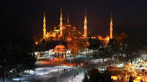 Blue Mosque, Sultanahmet Square at winter night. Timelapse Stock Footage