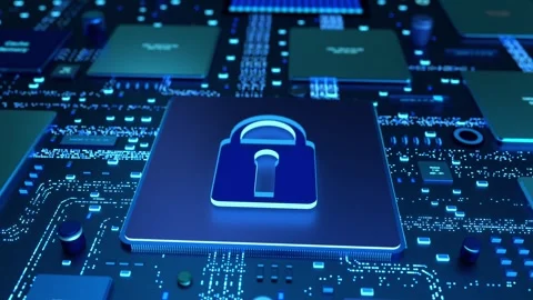 Blue motherboard with processor and flowing data, lock icon, data protection Stock Footage 326670856