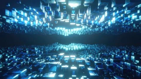 Blue motion graphics hi tech form, A cubic array of square blocks of inform.. Stock Illustration