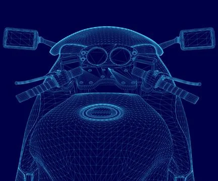 Blue motorcycle with a digital effect. The motorcycle is shown from the front Stock Illustration