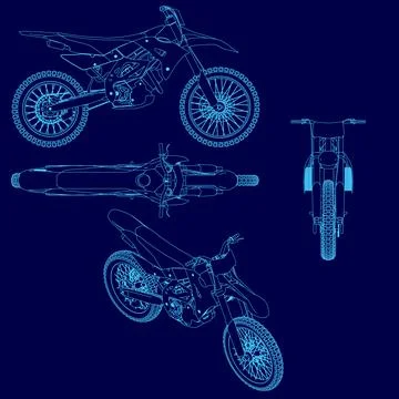 Blue motorcycle is shown in three different views. The first view shows the bike Stock Illustration
