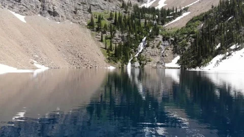 Blue Mountain Lake Waterfall Reflection Drone Shot Stock Footage 156012213
