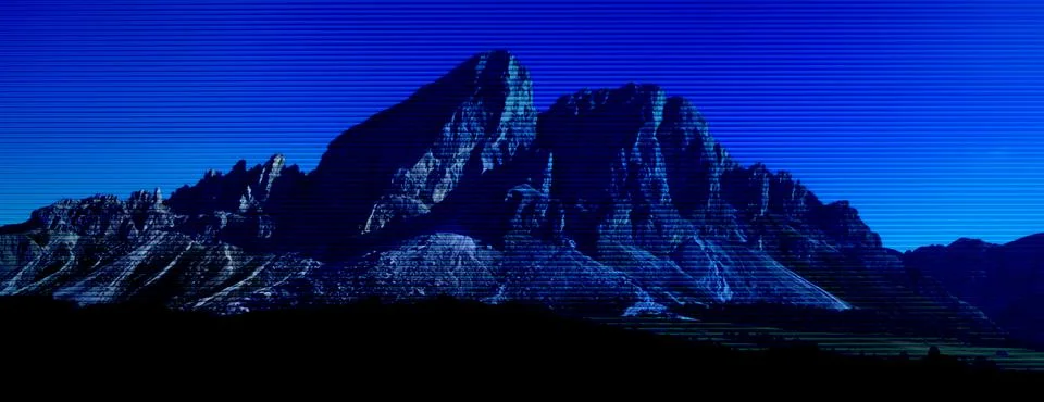 Blue mountain range with synthwave glitch effect Stock Photos