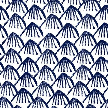 Blue mountains landscape seamless pattern in japanese style. Hand drawn stamp 스톡 일러스트