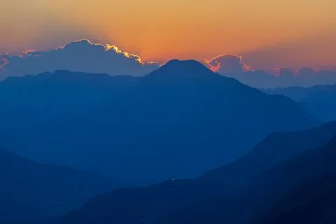 Blue mountains at the sunset. 스톡 사진