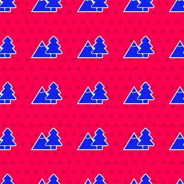 Blue Mountains with tree icon isolated seamless pattern on red background Illustrazione stock