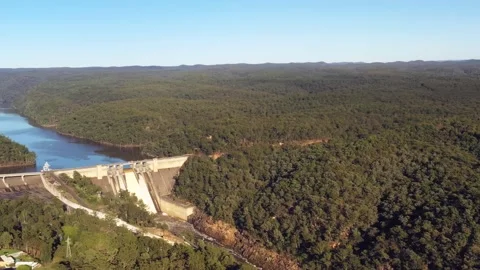 Blue Mountains Warragamba river and dam – aerial panorama as 4k. Stock Footage 174939713