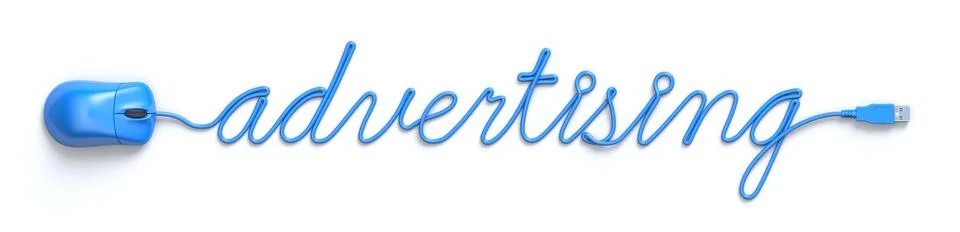 Blue mouse and cable in the shape of advertising word Stock Illustration