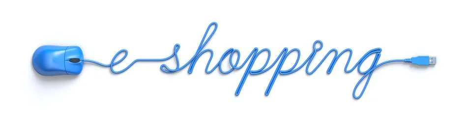 Blue mouse and cable in the shape of e-shopping word Stock Illustration