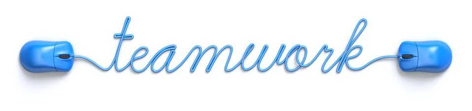 Blue mouse and cable in the shape of teamwork word Stock Illustration