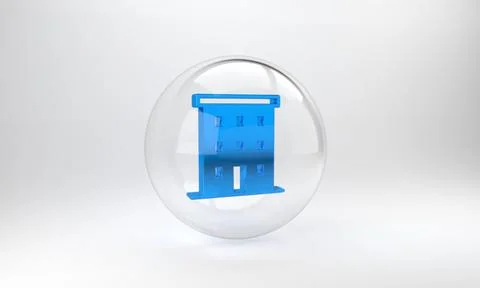 Blue Multi storey building icon isolated on grey background. Glass circle but Ilustración de archivo