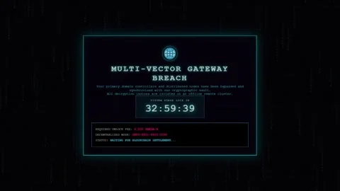 Blue multi-vector gateway breach and ransom warning screen Video stock 342148038