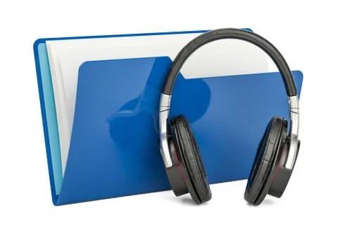 Blue music computer folder with headphones, 3D rendering Stock Illustration
