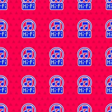 Blue Music note, tone icon isolated seamless pattern on red background.  Vect Stock Illustration