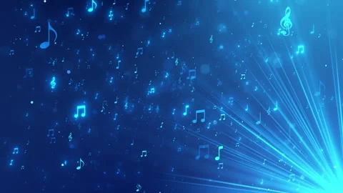 Blue music notes background glowing treble symbols, soft bokeh, and bright light Stock Footage 340477575