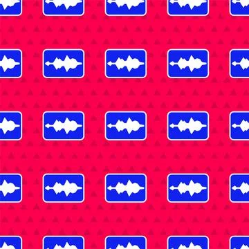 Blue Music wave equalizer icon isolated seamless pattern on red background Stock Illustration