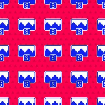 Blue Music wave equalizer icon isolated seamless pattern on red background Stock Illustration