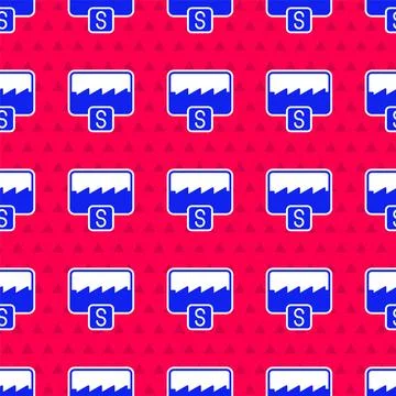 Blue Music wave equalizer icon isolated seamless pattern on red background. S Stock Illustration