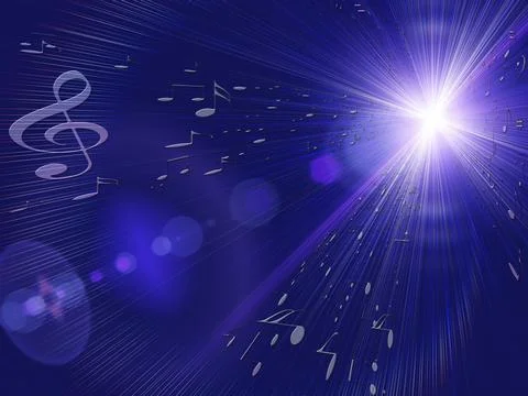 Blue musical background with violin key, music notes and rays of light Illustrazione stock