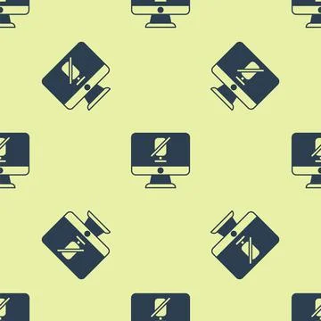 Blue Mute microphone on computer icon isolated seamless pattern on yellow Stock Illustration