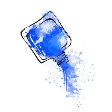 Blue nail polish flows out of the bottle, splashes, watercolor spots. Stock Illustration
