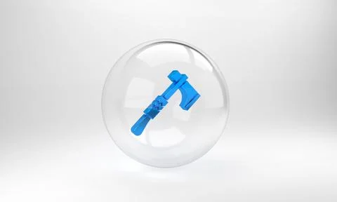 Blue Native american tomahawk axe icon isolated on grey background. Glass cir Stock Illustration