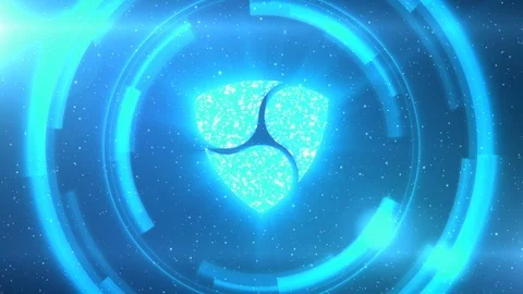 Blue NEM symbol on space background with HUD elements. Seamless loop. Stock Footage 118016761