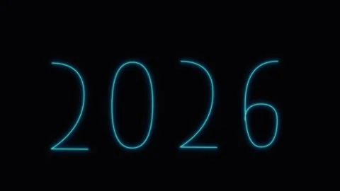 Blue Neon 2026 Text Animation on Black Background Stock Footage 343546268