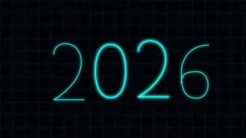Blue Neon 2026 Text Animation on Grid Background Stock Footage 343546273