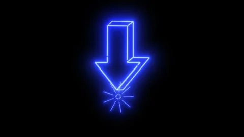 Blue neon 3d arrow pointing down with glowing light effect on black background Stock Footage 334095444