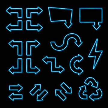 Blue neon 3d arrows set on black background. Stock Illustration