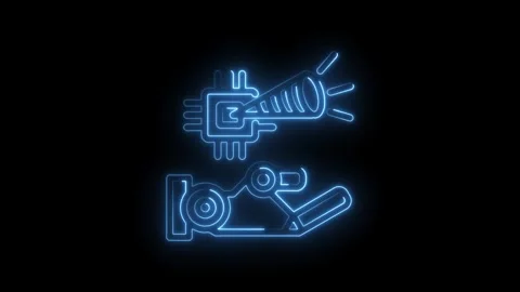 Blue neon abstract circuit board chip and robotic arm glowing on icon black Stock Footage 333953119