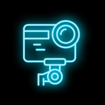 Blue neon action camera glowing on black background Stock Illustration
