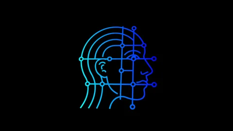 Blue Neon AI Human Profile with Circuit Network on Black Background Stock Footage 337943580