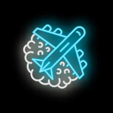 Blue neon airplane flying through a brain with clouds on black background Stock Illustration