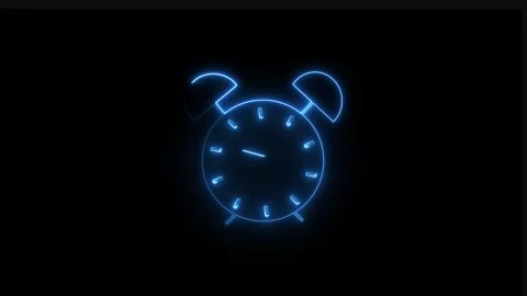 Blue neon alarm clock icon on black background. Blue neon alarm clock time... Stock Footage 337021661