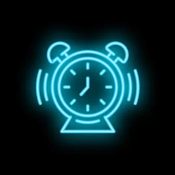 Blue neon alarm clock ringing on black background Stock Illustration