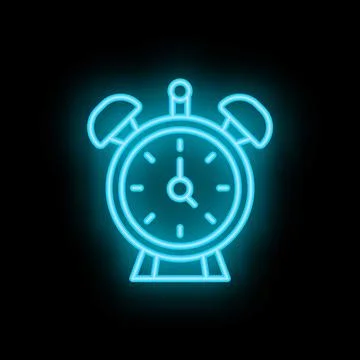 Blue neon alarm clock shining on black background Stock Illustration